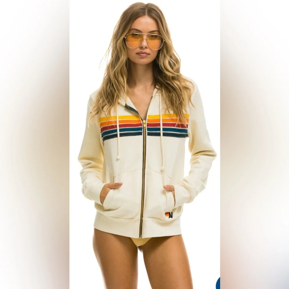 AVIATOR NATION 5 STRIPE ZIP-UP HOODIE / JACKET - VINTAGE WHITE - MEDIUM - Picture 1 of 9